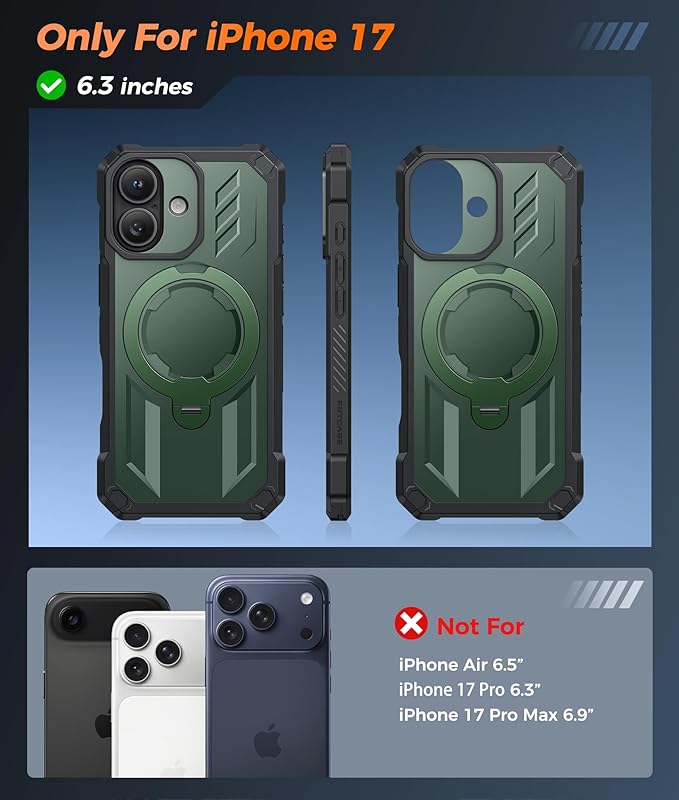 FNTCASE for iPhone 17 Phone Case: [360 Spin Magnetic Ring Kickstand] [Compatible for MagSafe] [Screen Protector] Heavy Duty Military Grade Protection Protective Phone Case with Stand Green
