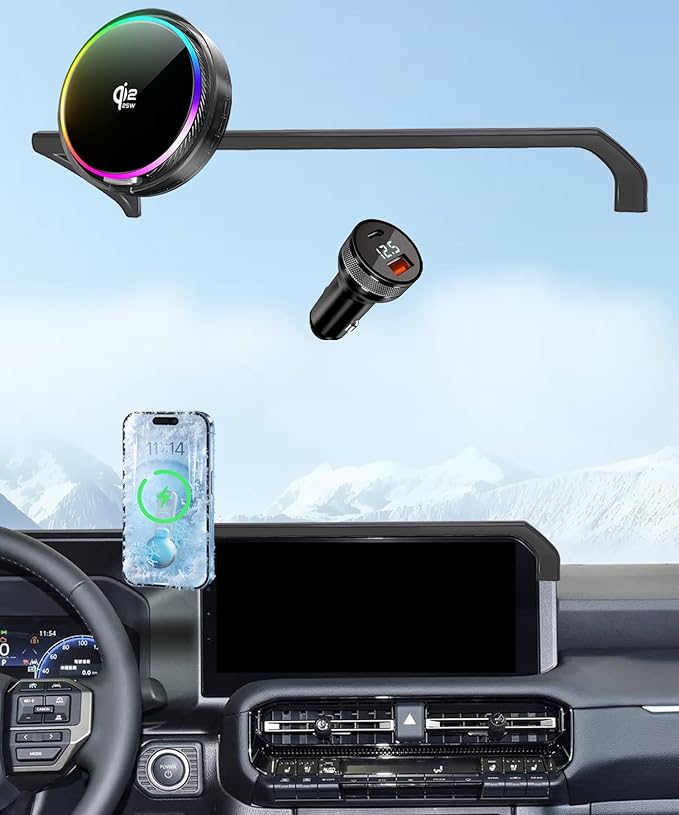 Qi2.2 25W Magnetic Car Mount Charger for 2024-2026 Toyota Land Cruiser LC250 Accessories, for Fast Charging Cell Phone Holder 8/12.3 Inch Screen Fixed Clip with Cooling Fan＆54W Fast Adapter