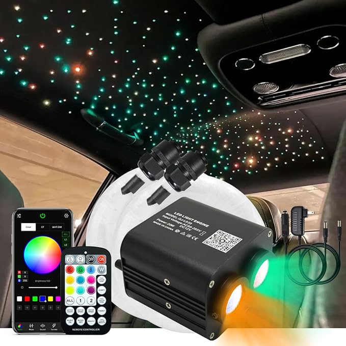 AKEPO 20W Twinkle Dual-Head Dual Color Fiber Optic Lights, Fiber Optic Star Ceiling Light Kit Sound Activated APP Remote Control for Car Starlights Headliner/Home 750pcs 9.8ft/3m Fiber Strands