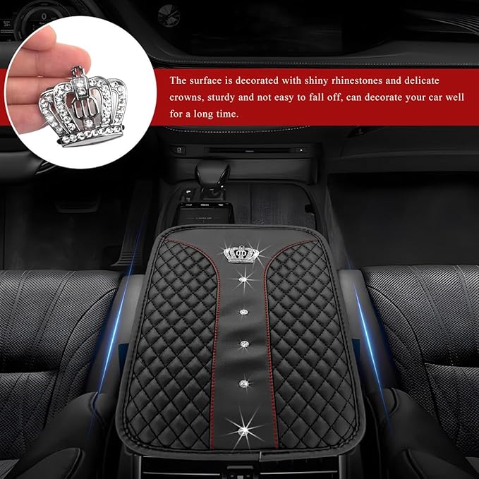 Bling Leather Car Center Console Cover, Anti-Slip Crown Armrest Seat Box Cushion Pad with Rhinestones, Waterproof Crystal Arm Rest Protector Interior Decor for Most Vehicles (Black)