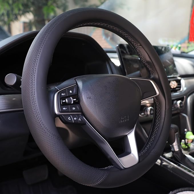 Steering Wheel Cover for Chevy Chevrolet Silverado 1500 2500 HD 3500HD Equinox Malibu Colorado Cruze Impala Traverse Spark Tahoe Trax Car Truck Accessories, 2026 Black Leather 14.5-15 inch