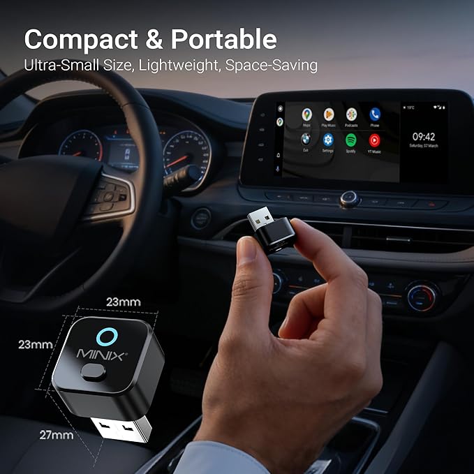 MINIX CA525 Mini Wireless CarPlay & Android Auto Adapter, 2026 Upgraded 2-in-1 Wired to Wireless Dongle, One-Button Switch, Plug & Play USB-A/C, WiFi 6 & Bluetooth 5.4, iOS 10+ & Android 11+