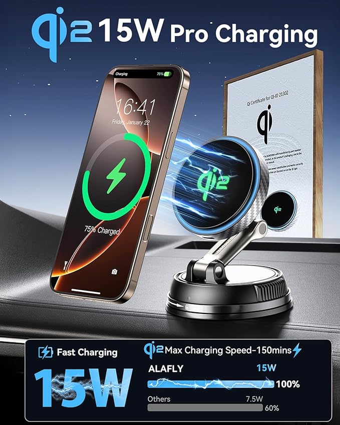 Q2 15W for Magsafe Car Mount Charger, [78+LBS Stronger Vacuum Suction] 360° Adjustable & Fast Charging Magnetic Phone Holder for Vent/Dashboard/Windshield/All Car Surface