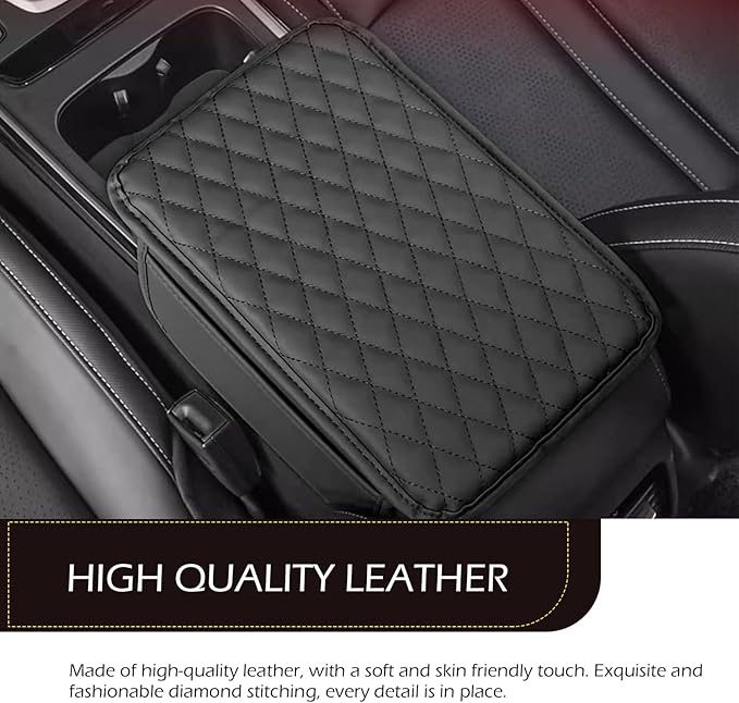 Car Center Console Cover, Waterproof Leather Car Armrest Cover Cushion with Side Storage Pockets, Upgraded Vehicle Armrest Storage Box, Universal for SUV, Sedan, Truck (Black)