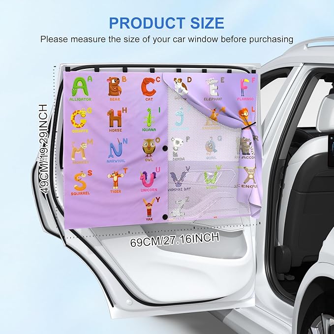 Car Window Shades with 8 Magnets-26.8"x19.7" Car Rear/Side Window Sunshade for Baby Semi-Transparent 2-in-1 Universal Auto Sun Shade for Kid & Pet Protection (2 Pack) Animal Alphabet Education
