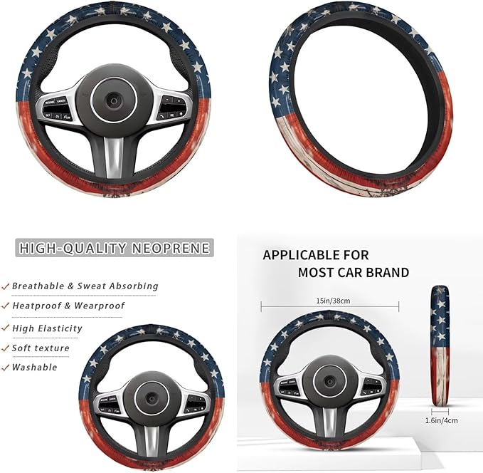 American Flag 6pcs Car Decor Set for Women Men Car Steering Wheel Cover Retro Style Armest Cushion Auto Interior Decor Cup Holder for SUV Truck Sedan