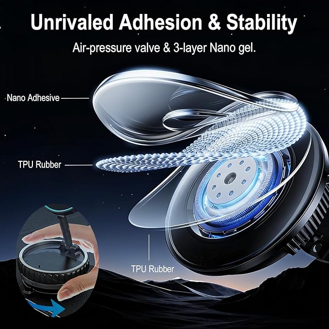 2026 Magsafe Car Mount Charger, 15W Fast Charging Vacuum Magnetic Phone Holder, Hands Free Phone Holders for Your Car Dashboar/Gym/Mirror, 360° Rotation Base, Nano Gel, for iPhone Series & Android