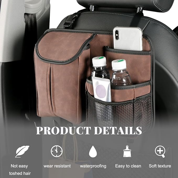 Car Back Seat Organizer, Multi Pockets Car Hanging Seat Back Headrest Organizer with Hook, Durable Car Seat Storage Bag, Universal Travel Accessories with Tissue Box Net Pocket (Coffee)