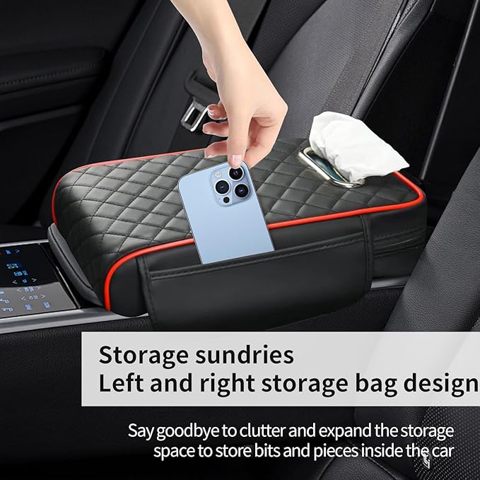 Car Center Console Cover, Leather Car Armrest Box Pad with Pocket and Tissue Box Arm Rest Cushion Universal Car Seat Box Cover Car Interior Accessories for SUV/Truck/Vehicle (Black+Red)