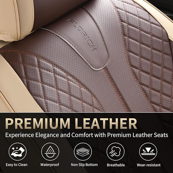 FLORICH Front Seat Covers 2 Pieces Universal Seat Cover for Cars Breathable Leather Waterproof Car Seat Cover Driver Seat Cover Automotive Car Seat Cushion Fit for Most Cars SUV Trucks, Beige&Coffee