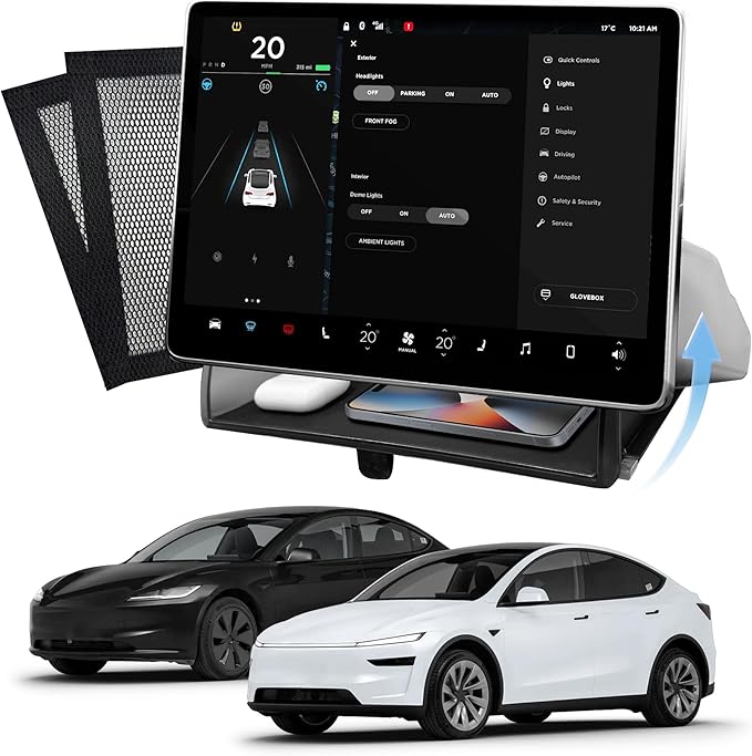 Hidden Under Screen Storage Box for Tesla Model Y(2025-2026) & Model 3 (2024-2026) – Openable Center Console Organizer with Anti-Slip Pad, Tesla Accessories