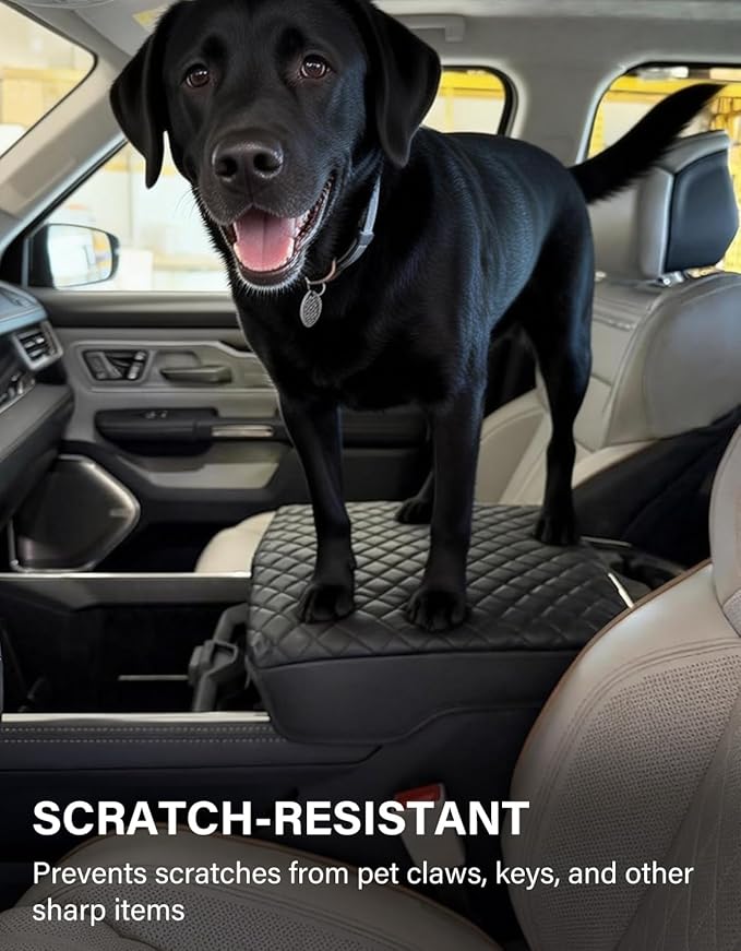 Center Console Armrest Cover for Dodge Ram 2019-2026 1500 2500 3500 Accessories, Vinyl Leather Middle Armrest Cushion Pad Anti-Scratch, Black (Fits Bucket Seat Only)