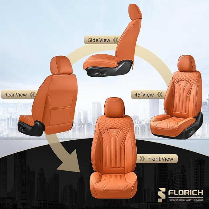 FLORICH Seat Covers, Leather Car Seat Covers Front Seats, Automotive Seat Covers Waterproof Car Seat Cushion Orange Seat Cover Protector Universal Fit for Most Cars Trucks SUVs