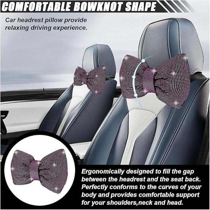1 PCS Rhinestone Car Headrest Neck Pillow, Auto Headrest Cushion for Driving Seat, Bling Crystal Diamond Bow Neck Support Relax Pillow, Car Interior Accessories for Women Girly (Purple)