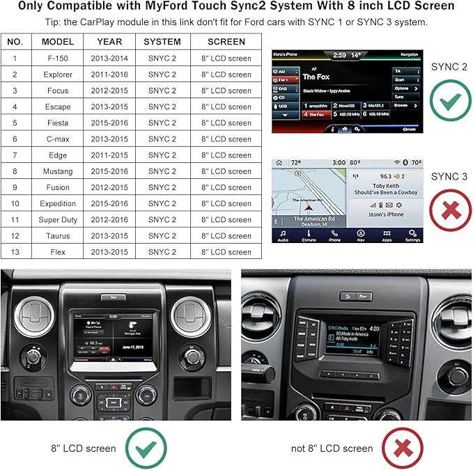 Road Top Wireless CarPlay Android Auto Retrofit Kit for Ford Sync 2 (2013–2015) with 8" Factory Screen, CarPlay Interface Decoder for F150 Explorer Escape Focus Edge Expedition Fiesta Flex