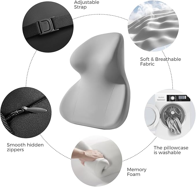 BEBAS Car Headrest Pillow, Ergonomic Neck Pillow with Memory Foam, Enlarged Surface for Head Neck Shoulder Support, Breathable Removeable Car Seat Pillow for Pain Relief(Gray, 1 Pack)