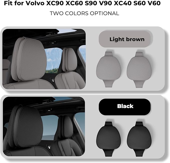 2 Packs Car Headrest Pillow for Volvo XC90 XC60 XC40 S60 S90 EX30 EX90 V60 V90 Interior Accessories, Soft & Breathable Head Support Cushion Car Front Seat Neck Pillow (Light Brown)