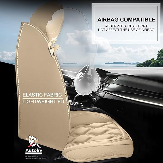 AOMSAZTO Car Seat Covers Fit for Ford Focus 2009-2018 Front Set Leather Automotive Cushion Cover Seat Protector Airbag Compatible Waterproof (2Seats,Beige)