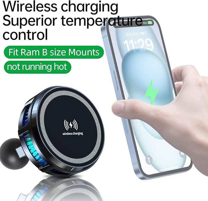 Xik Magnetic Cooling Wireless Charger Phone Holder with 1" Ball for Magsafe iPhone, [17-25mm Ball],Compatible with RAM B Size Mounts Double Socket Arm