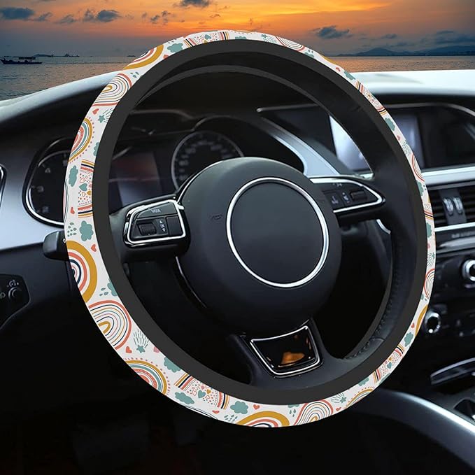 Boho Rainbow Steering Wheel Cover, Cute Print Steering Wheel Cover Protector, Ultra Thin Breathable Non-Slip, Car Accessories for Women, for Steering Wheel with a Diameter of 14.5"-15"