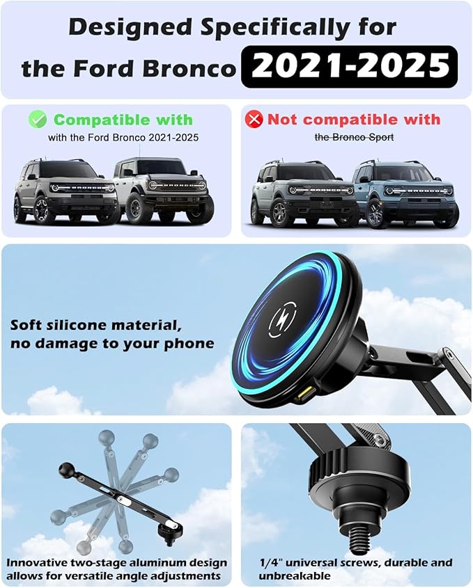CloudValley 15W Magnetic Wireless Car Charger Phone Mount for Ford Bronco 2021-2026 2/4 Door Badlands, Off-Road Stable Dash Phone Holder with 360° Adjustable Aluminum Alloy, No Drill Install