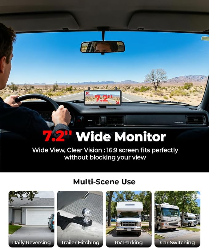 Wireless Backup Camera Solar Magnetic: 7.2" 1080P HD Split-Screen Monitor with Strong Signal, 1Min Easy Install, DVR Recording, Portable Storage Bag, Back up Camera for RV, Truck, Trailer, Camper