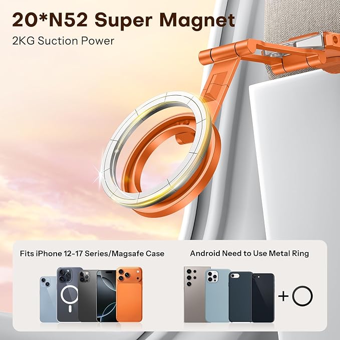 OMOTON TP02 360°Rotating for MagSafe Tripod Mount, Adjustable Aluminum Magnetic Phone Tripod for iPhone 17/16/15/14 Pro Max Air, Foldable Cell Phone Stand Fits Vlog, Gym, Travel Essentials, Orange