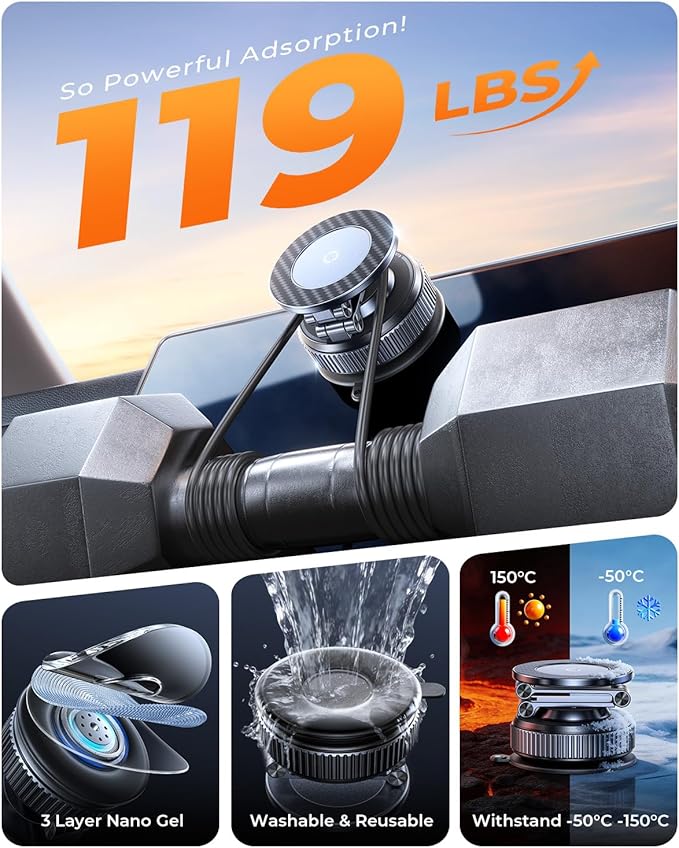 2026 Upgraded 360°Rotation Nano Gel Suction Phone Holder, Foldable Metal Vacuum Magnetic Phone Holder [119+LBS Max Suction] Tesla model Y/3 MagSafe car Phone Mount for iPhone 17 16 Pro Max S26 Ultra