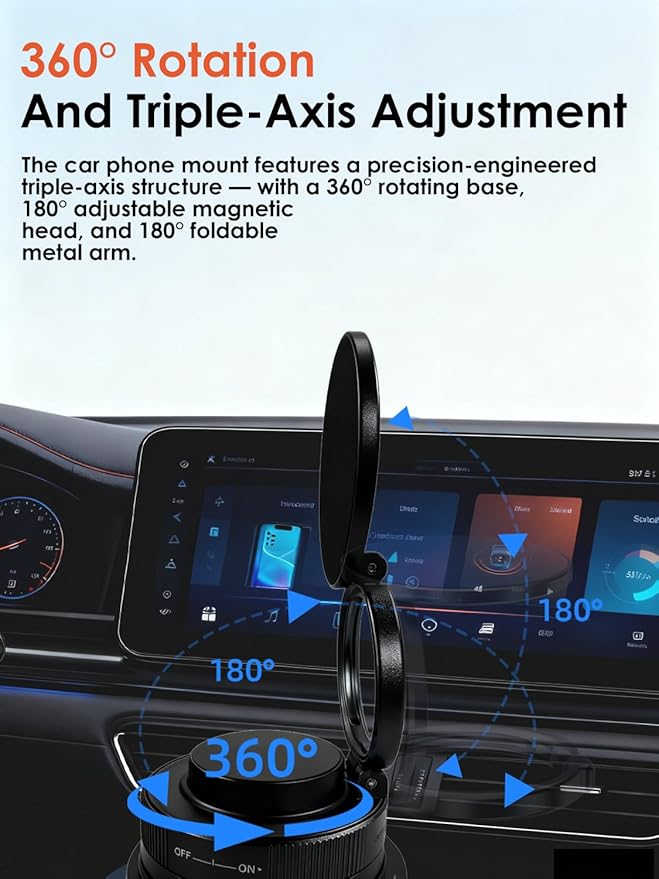 Vacuum Magnetic Car Phone Holder with Strong Magnets, 360° Adjustable Dash Cell Phone Holders, Foldabl Magsafe Car Mount with Vacuum Suction Cup for Cars/Gym/Mirror/Smooth Surface iOS Android, Black