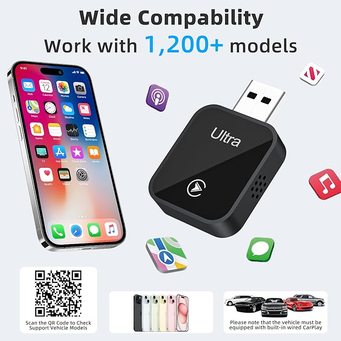 Mini Wireless Carplay Adapter for iPhone - Carplay Wireless Adapter Car Play Bluetooth, Compatible with iPhone iOS 10+, [One-Touch Phone Switching] Black