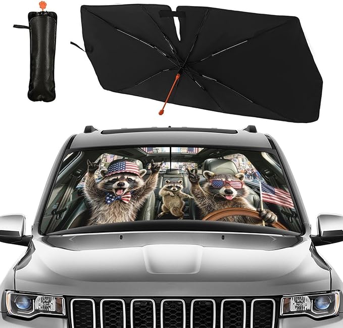 Funny Rocking Raccoon Print Car Sunshade Umbrella Funny Rocking Raccoon Windshield Sun Shade for Car Retractable Umbrella Sunshades for Front Window Sun Shades Cover Visor Portector Block UV Rays