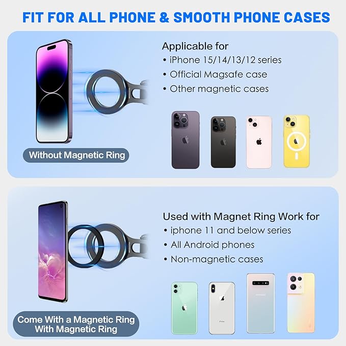Magnetic Phone Holder for Car, Steering Wheel Phone Holder [Strong Magnet], for MagSafe, Adjustable Strap Compatible with Gym Equipment, Stroller, Shopping Cart, All Phone(Magnetic Ring Included)