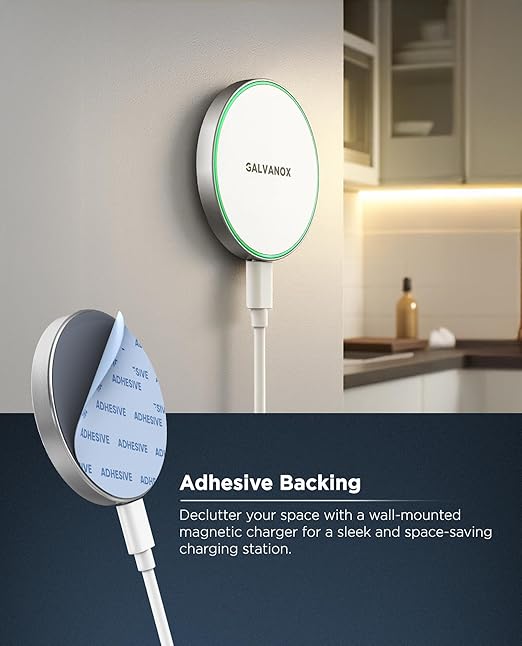 GALVANOX Compatible with MagSafe Wall Mounted Magnetic Wireless Charger, (15W) Fast Charging, Stick-on Adhesive Design with Removable USB-C Cable (5FT) White