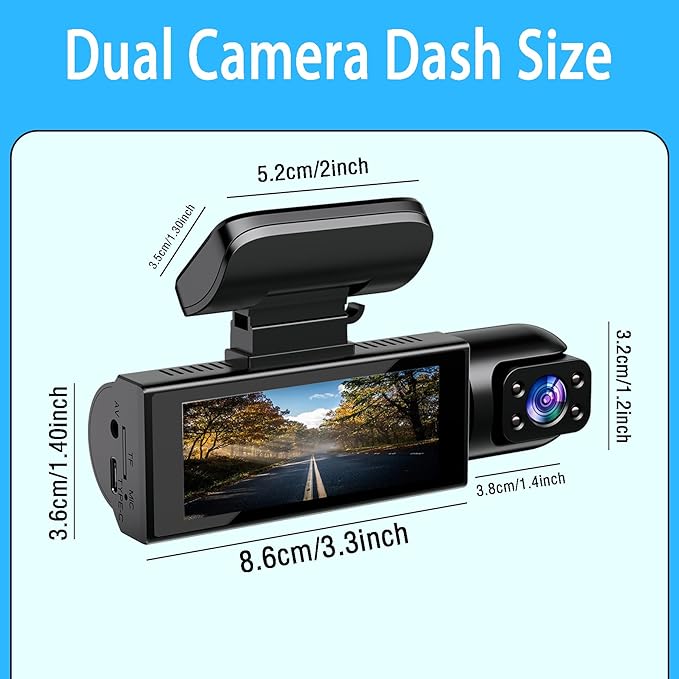 Dual Dash Cam Front and Rear with 64GB Card, 1080P HD IR Night Vision Dash Camera for Cars, G-Sensor Car Dashcam Cameras, 3.16”IPS Screen, 24/7 Parking Monitor, Loop Recording, 170° Wide Angle
