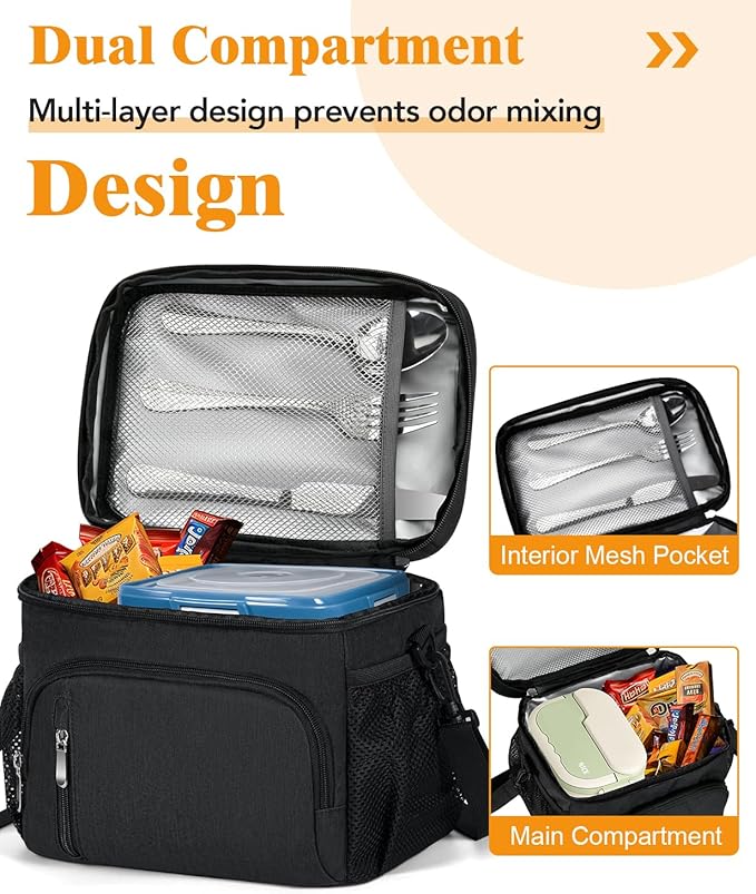 Insulated Lunch Bag for Men & Women, 9L Leakproof Lunch Box Soft Cooler Tote with 5 Pockets, 600D Oxford, EVA Lining, Adjustable Strap for Work, Picnic, Beach&Travel-Black
