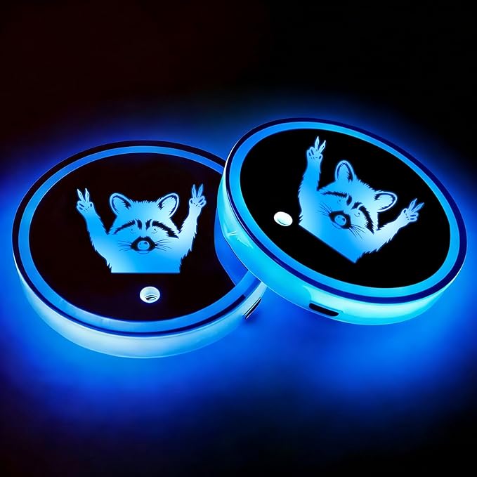 Raccoon LED Cup Holder Lights for Car,2Pcs LED Light Up Cup Holder Coasters with USB Charging 7 Colors 3 Modes,Waterproof Interior Atmosphere Lamp,Car Decor Accessories Raccoon Gifts for Women Men