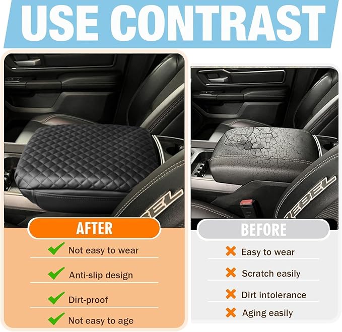 Thickened Center Console Cushion for 2019-2025 Ram 1500/2500/3500 PU Leather Armrest Cover Protector,Anti-Scratch for 5th Ram 1500(Bucket Seat Console) Arm Rest Lid Accessories 19-25