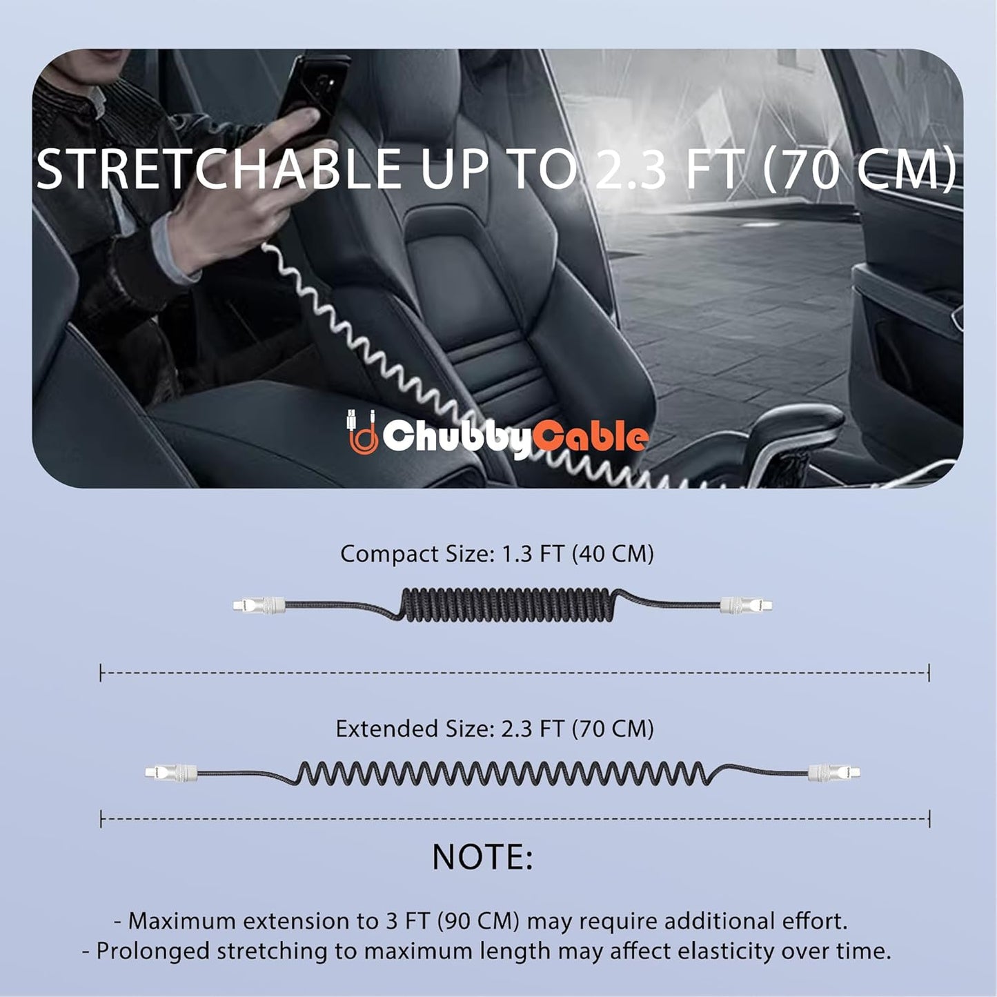 chubbycable Curly Chubby - Retractable Fast Charging Cable 240W Coiled Charger Cord for Car Durable USB-C Cable for Phones, Tablets and More, Orange+Orange, Type-C to Type-C, 1.3FT-2.3FT