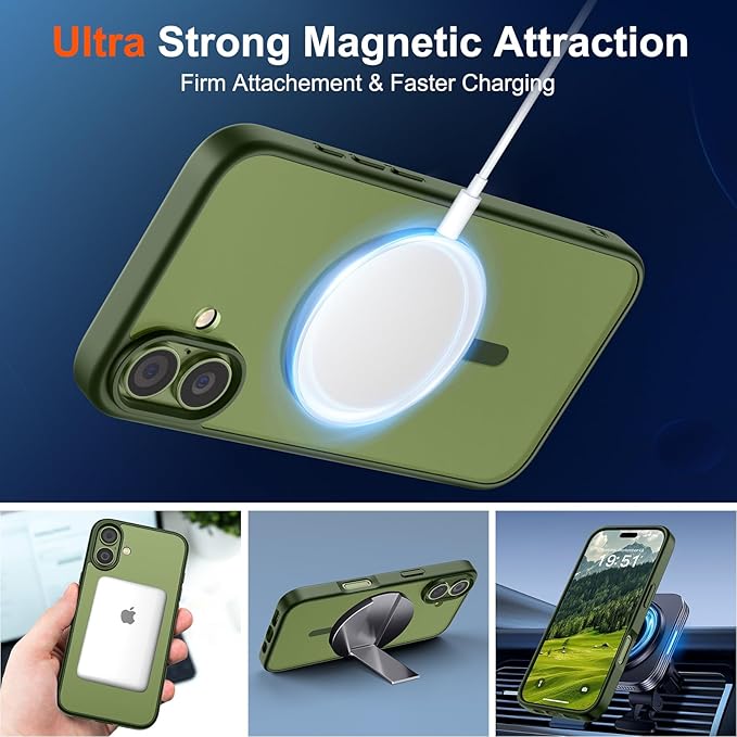SUPFINE Magnetic for iPhone 17 Case (Compatible with MagSafe)(Military Grade Drop Protection) Translucent Matte Shockproof with Anti-Fingerprint Phone Cover,Cangling Green