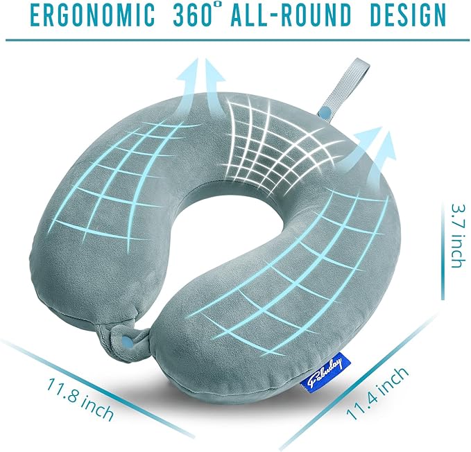 Travel Pillow Memory Foam for Airplanes - Neck Pillow for Traveling, Car, Home, Flight Pillow for Sleeping with Attachable Snap Strap Soft Washable Cover, Provide Head Neck Support Rest, Gray Blue