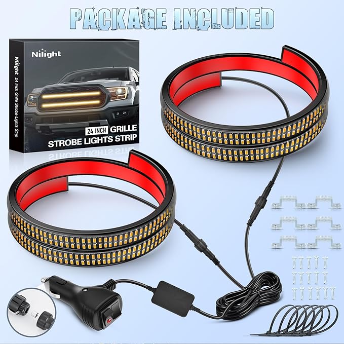 Nilight 2PCS 24 inch Truck Grille Strobe Lights Strip 384 LED Emergency Light Amber Flexible Side Flashing Warning Caution Safety Waterproof Lighting Kit for Trucks Tow Plow Construction Vehicles
