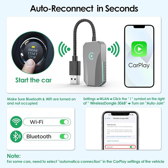 Wireless CarPlay Adapter for iPhone, 2025 Upgrade - Convert Wired to Wireless CarPlay, Plug & Play, No Latency, More Stable, Compatible with Cars Equipped with Wired CarPlay & iPhone iOS 10+ (Gray)