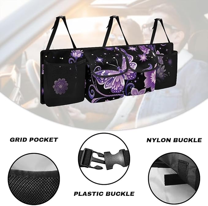Hanging Car Trunk Organizer with 4 Pockets Purple Butterfly Auto Back Seat Storage Bag Auto Interior Accessories for Sedans SUV MPV Trucks Jeep Pickup