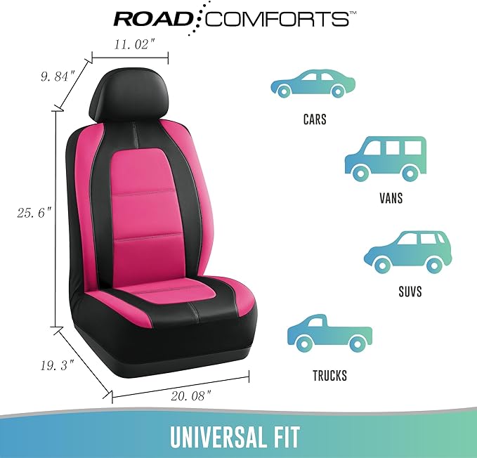 Road Comforts Car Seat Cover, Leather Car Seat Covers, Front Low Back Sport Seat Covers, Airbag Compatible, Universal Fits for Most Cars (Hot Pink