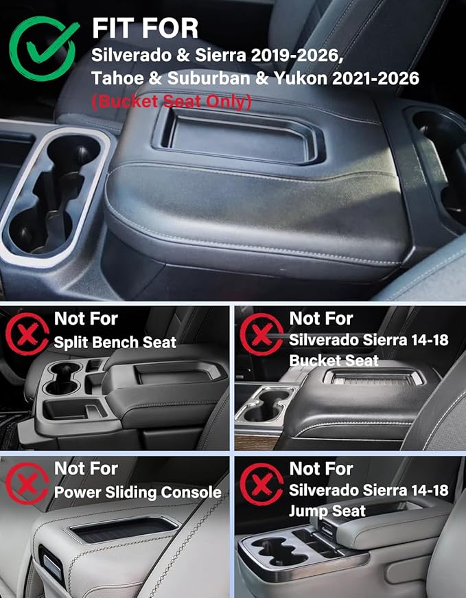 Center Console Armrest Cover for Chevy Chevrolet Silverado 1500/GMC Sierra 2019-2026, Yukon/Suburban/Tahoe 2021-2026, PU Leather Middle Console Lid Protector Arm Rest Cushion Thick Pad(Bucket Seat)