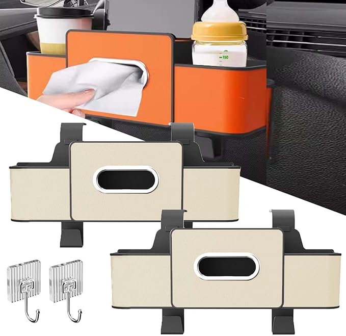 3-in-1 Car Backseat Organizer, 2026 Upgraded Multifunctional Car Seat Back Storage Box, Backseat Car Organizer with 2 Cup Holders, Tissue Box & Hooks, Universal Car Essentials (2Pack D)