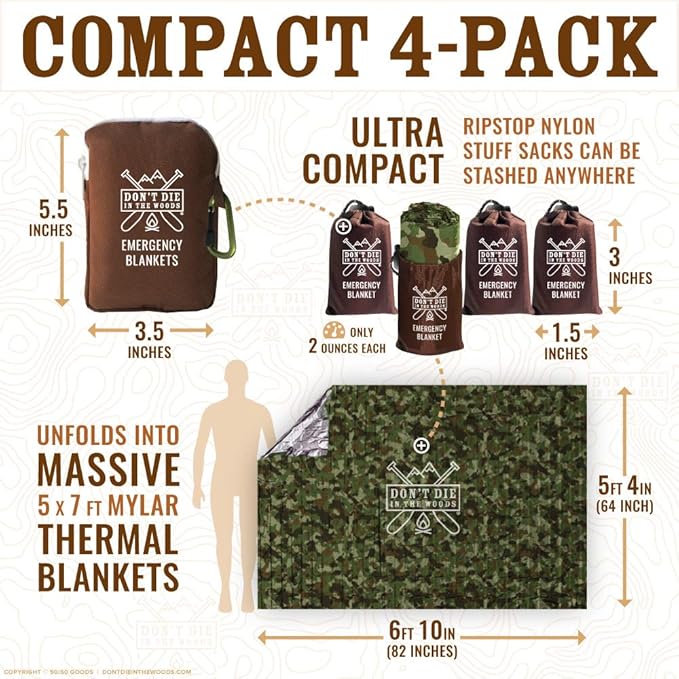 Don't Die In The Woods - Freakin’ Huge Emergency Blankets [4-Pack] Extra Large Thermal Mylar Space Blanket - One of The Ten Essentials Outdoor Survival Gear for Hiking Camping First Aid Kit (Camo)