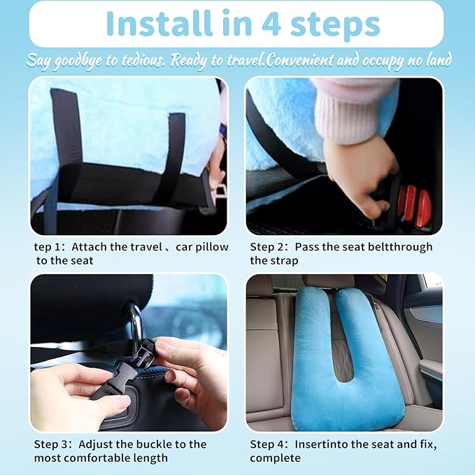 Travel Pillow, Car Pillow for Kids, Car Sleeping Pillow for Adults, Travel Pillow for Kids with Adjustable Strap, Support Head and Neck on Road Trips, Car Travel Essentials, Blue