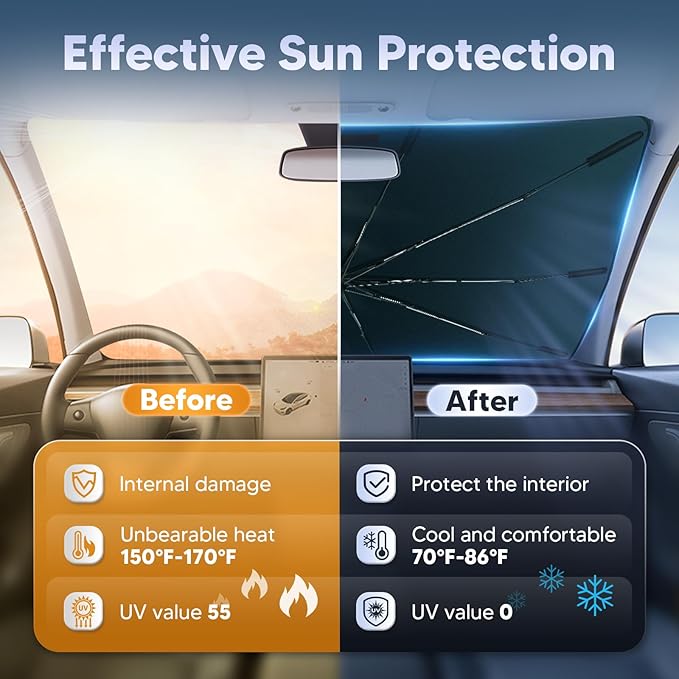 Autorder Windshield Sun Shade Umbrella for 2021-2025 Toyota Venza Accessories,Upgraded Ice Crystal Material,Easy Setup Umbrella Sunshade for Car Windshield,100% Sun Blocking