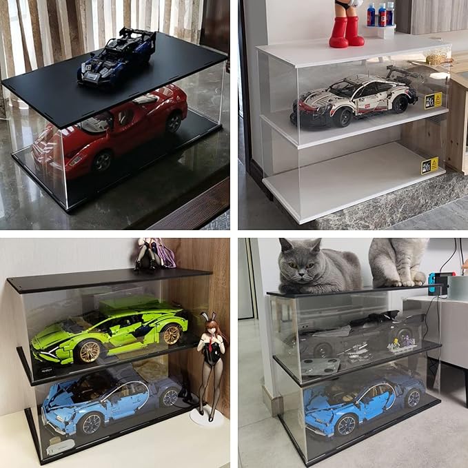 Choowin 2 Layer Acrylic Display Case for Lego Cars (McLaren P1, Ferrari SP3, Bugatti Chiron, Porsche 911, Lamborghini) & 1/8 Diecast Cars - Dustproof Assemble Display Case with Door (White)